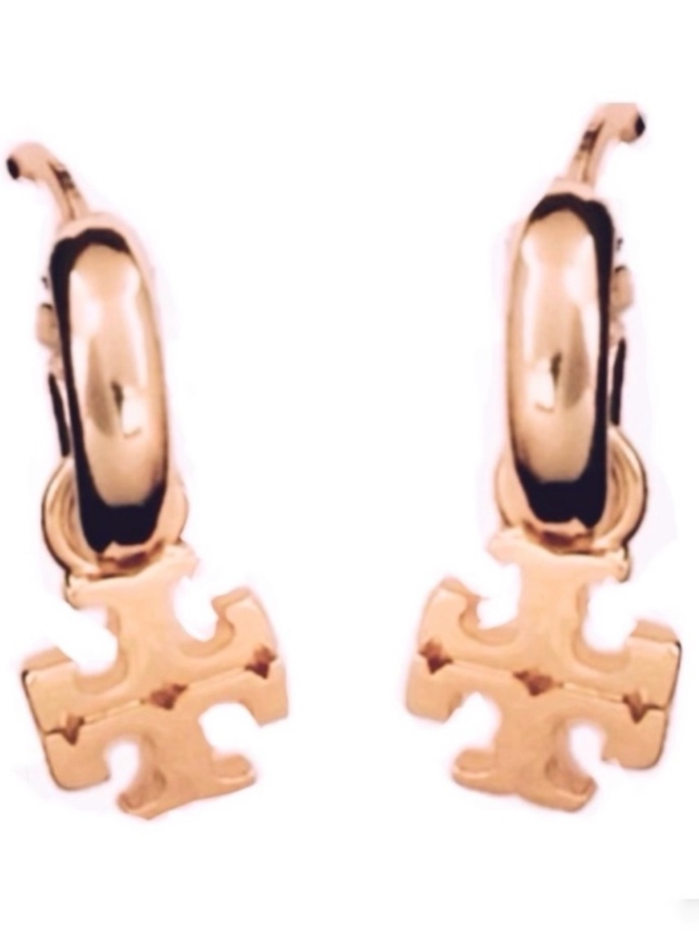 TORY BURCH ROSE GOLD KIRA LOGO HUGGIE HOOP EARRINGS